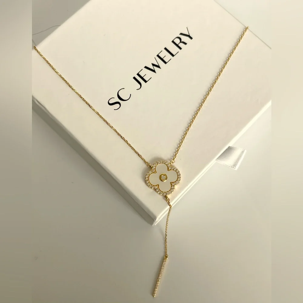 Rachel Zoe Clover Necklace Y Chain Zirconia Mother of Pearl 14k Gold Color - Picture 2 of 7